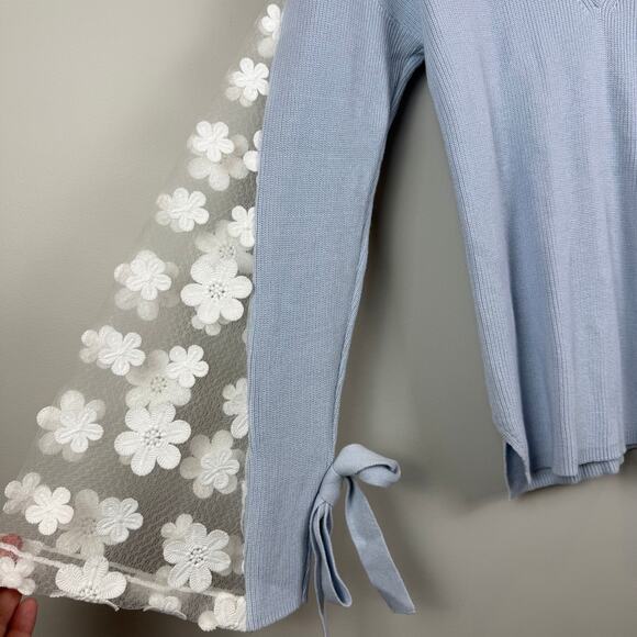 French Connection Caballo Sweater Women XS Blue Lace Arm Panel Boho Coquette - Picture 8 of 10